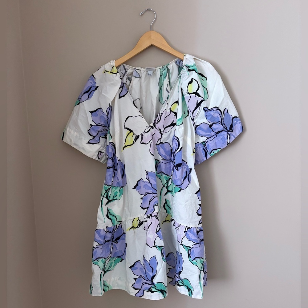 Women's Flutter Short Sleeve Mini Poplin Dress - A New Day™ White/Purple Floral - Picture 4 of 6